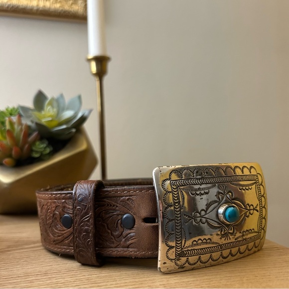 Tony Lama Navajo Spirit Belt Tooled Leather Western USA Brown Women's Size 34 - Picture 2 of 7